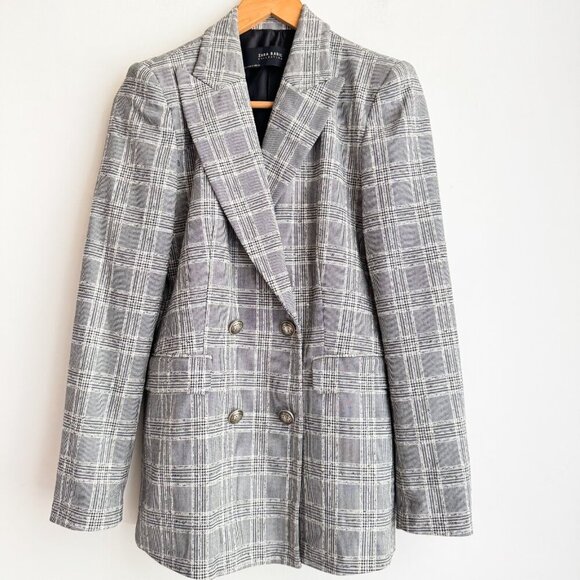 Zara Micro Plaid Double Breasted Classic Blazer S - Picture 2 of 8